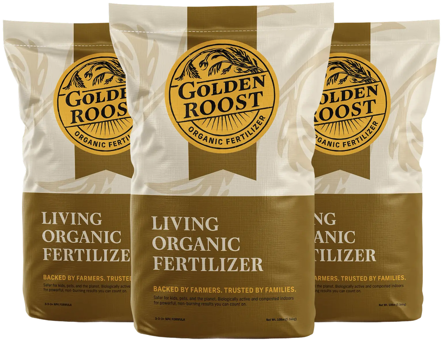 Three bags of Golden Roost Living Organic Fertilizer on a white background